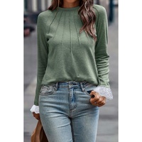 Grass Green Seam Detail Lace Contrast Cuffs Raglan Sleeve Top - L thumbnail