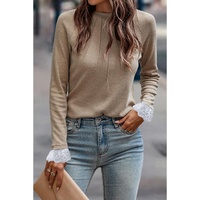 Parchment Seam Detail Lace Contrast Cuffs Raglan Sleeve Top - L thumbnail