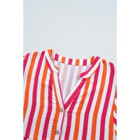 Orange Stripe Balloon Sleeve Notched V Neck Buttoned Front Blouse - L thumbnail