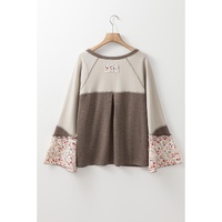 Goat Colorblock Floral Patchwork Flared Sleeve Buttons Henley Top - L thumbnail