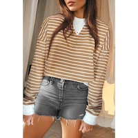 Khaki Stripe Patched Edge Textured Round Neck Long Sleeve Top - L thumbnail