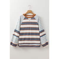 White Striped Floral Printed Patchwork Lantern Sleeve Blouse - L thumbnail