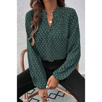 Green Geometric Print Notched Neck Puff Sleeve Blouse - L thumbnail
