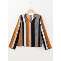Orange Geo Print Colorblock Notched V Neck Blouse - L thumbnail