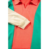 Grapefruit Orange Color Block Patchwork Collared V Neck Loose Top - L thumbnail