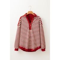 Red Stripe Buttoned V Neck Collared Drop Shoulder Top - L thumbnail