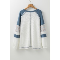 White Floral Patchwork Waffle Knit Raglan Top - L thumbnail