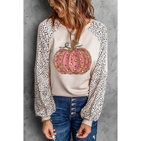 Khaki Thanksgiving Pumpkin Graphic Leopard Raglan Sleeve Top - L thumbnail