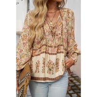 Yellow Floral Print Tie Neck Lantern Sleeve Blouse - L thumbnail