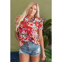 Brown Flower Print Self Tie Frilled Collar Puff Sleeve Blouse - L thumbnail
