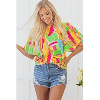 Multicolour Abstract Print Keyhole Back Pleated Half Sleeve Blouse - L thumbnail