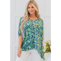 Green Abstract Print V Neck Half Sleeve Loose Fit Tunic Blouse - L thumbnail