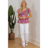 Purple Floral Print Sweetheart Neck Flutter Sleeve Blouse - L thumbnail