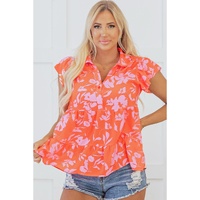 Orange Floral Print Collared Button Neckline Flutter Sleeve Blouse - L thumbnail