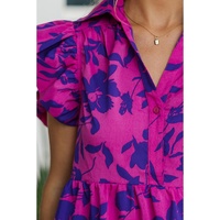 Rose Floral Print Collared Button Neckline Flutter Sleeve Blouse - L thumbnail