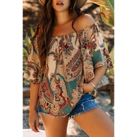 Apricot Paisley Printed Shirred Off Shoulder Ruffled Draped Sleeve Blouse - L thumbnail
