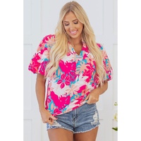 Rose Tropical Plant Printed V Neck Puff Sleeve Blouse - L thumbnail