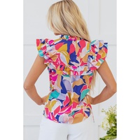 Pink Abstract Printed Ruffled Flutter Sleeve Tied Split V Neck Blouse - L thumbnail