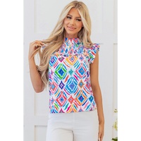 Light Blue Geometric Printed Flutter Sleeve Mock Neck Shirred Blouse - L thumbnail