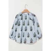 Beau Blue Striped Floral Printed Long Sleeve Tied V Neck Blouse - XL thumbnail