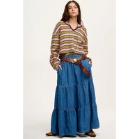 Spinach Green Clashing Stripes Waffle Texture Notched Neck Long Sleeve Top - L thumbnail