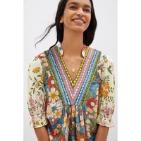 Multicolour Crochet V Neck Half Sleeve Boho Floral Blouse - L thumbnail