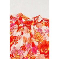 Orange Floral Print Pearl Button Keyhole Long Puff Sleeve Blouse - L thumbnail