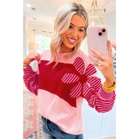 Pink Floral Patch Color Block Striped Sleeve Textured Top - M thumbnail