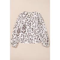 Khaki Leopard Print Split Neck Balloon Sleeve Blouse - L thumbnail