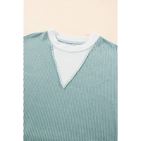 Light Blue Corded Colorblock Drop Shoulder Loose Top - M thumbnail