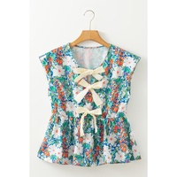 Green Floral Print Bow Applique Slit Sleeveless Peplum Blouse - L thumbnail