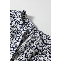 Blue Floral Print Notched V Neck Puff Sleeve Blouse - L thumbnail