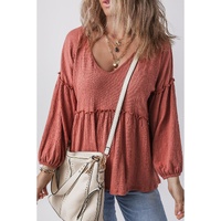 Mineral Red Solid Color Textured Frilled Trim V Neck Puff Sleeve Blouse - M thumbnail