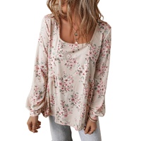 Pink Floral Print Pleated U Neck Loose Fit Blouse - L thumbnail