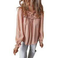 Gossamer Pink Floral Embroidered Textured Flounce Sleeve Elegant Blouse - L thumbnail
