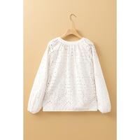 White Eyelet Embroidered Puff Sleeve V Neck Blouse - L thumbnail