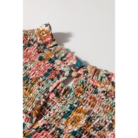 Yellow Floral Print Smocked Bubble Sleeve Ruffled Crop Top - L thumbnail