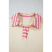 Pink Stripe Colorblock Patchwork Collared French Terry Knit Top - L thumbnail