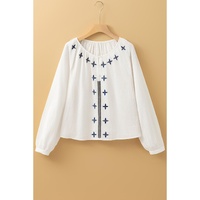 White Geometric Embroidered Long Sleeve Buttoned Blouse - M thumbnail