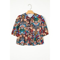 Black Tropical Print Bubble Sleeve Knot Front Blouse - L thumbnail