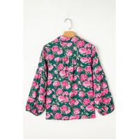 Green Floral Printed Tied Collar Puff Sleeve Blouse - L thumbnail