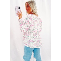 Pink Floral Print Shirred Balloon Sleeve Keyhole Back Babydoll Blouse - L thumbnail