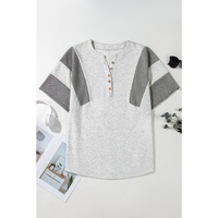 Light Grey Two Tone Contrast Waffle Knit Patched Buttoned V Neck Top - L thumbnail