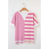 Pink Stripe Patchwork Textured Short Sleeve High Low Loose Top - L thumbnail
