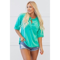 Mint Green Solid Color Half Sleeve Buttons Henley Top - L thumbnail