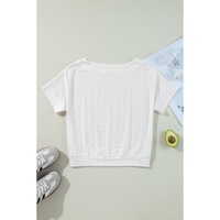 White Eyelet Pattern Boat Neck Casual Tee - L thumbnail