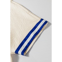 Beige Preppy Striped Trim Textured Quarter Zipper Colorblock Short Sleeve Top - L thumbnail