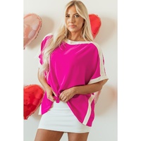 Rose Red Oversized Color Block Boat Neck Tunic Blouse - L thumbnail