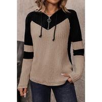 Parchment Textured Colorblock Long Sleeve Quarter Zip Drawstring Hooded Top - S thumbnail