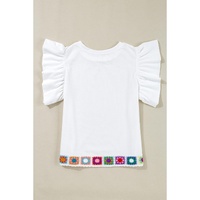 White Floral Crochet Patched Ruffled Sleeve Crewneck Blouse - L thumbnail